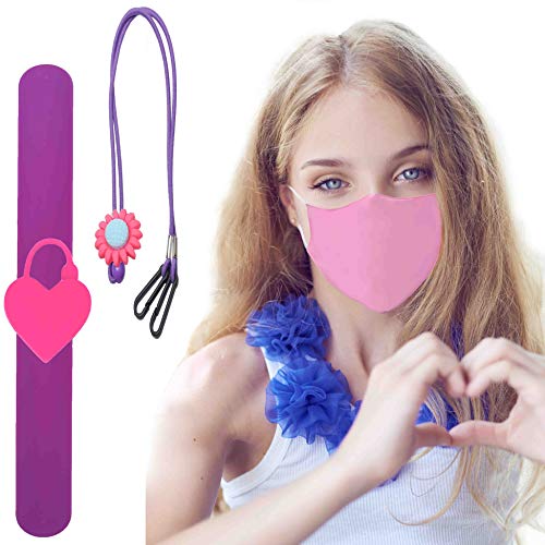 3 in 1 Kids Safety Set | 1 Cotton 3-Layer Pink Face Mask | 1 Pink Heart Hand Sanitizer Wristband Dispenser on Purple Slap | 1 Lanyard Pink Flower on Purple String