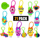 21 PACK 16 Mixed Bulk Kids Hand Sanitizer Travel Size Holder Keychain Carriers with Empty Bottles | 4 Fun Silicone Keychains | 1 Silicone Funnel (16-Variety Pack MIXED)