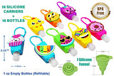 21 PACK 16 Mixed Bulk Kids Hand Sanitizer Travel Size Holder Keychain Carriers with Empty Bottles | 4 Fun Silicone Keychains | 1 Silicone Funnel (16-Variety Pack MIXED)